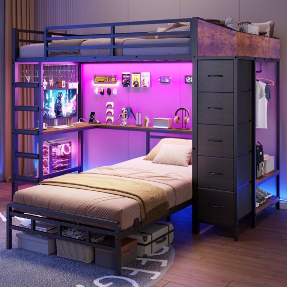 Torveric Bunk Bed with Hall Tree Twin Over Twin, L-Shaped Gaming LED Bunk Bed with Desk and Storages, Small Space Apartment Furniture Gift Black