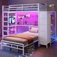 thumbnail image 1 of Torveric Bunk Bed with Hall Tree Twin Over Twin, L-Shaped Gaming LED Bunk Bed with Desk and Storages, Small Space Apartment Furniture Gift White, 1 of 13