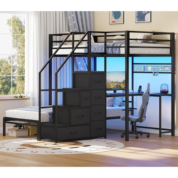 Bunk Bed Twin Over Twin with L-Shaped Desk, Stairs, 7 Drawers,Twin Bunk Beds with LED Lights & Charging Station,Metal Grid Panel, Safety Guardrails, Space Saving,Black