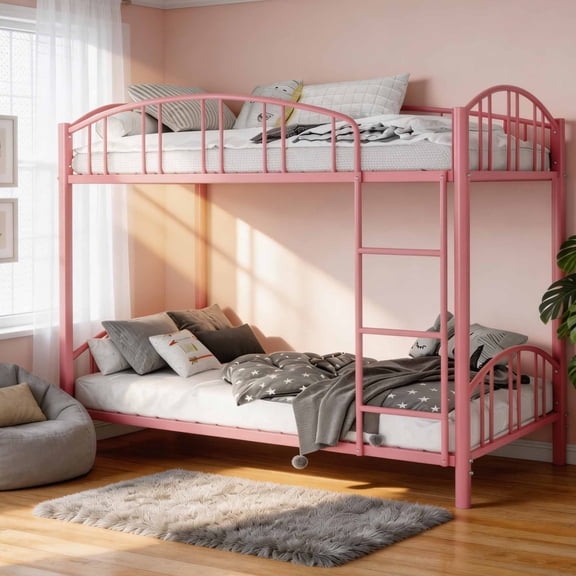 Bunk Bed Twin Over Twin with Ladder and Arched Guardrail, Heavy Duty Bunkbeds Frame with Sturdy Steel Slats Support, Space-Saving, No Box Spring Needed