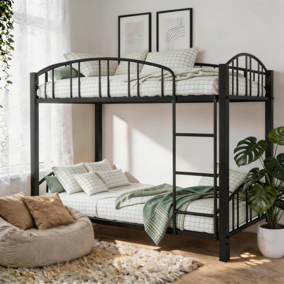 Bunk Bed Twin Over Twin with Ladder and Arched Guardrail, Heavy Duty Bunkbeds Frame with Sturdy Steel Slats Support, Space-Saving, No Box Spring Needed