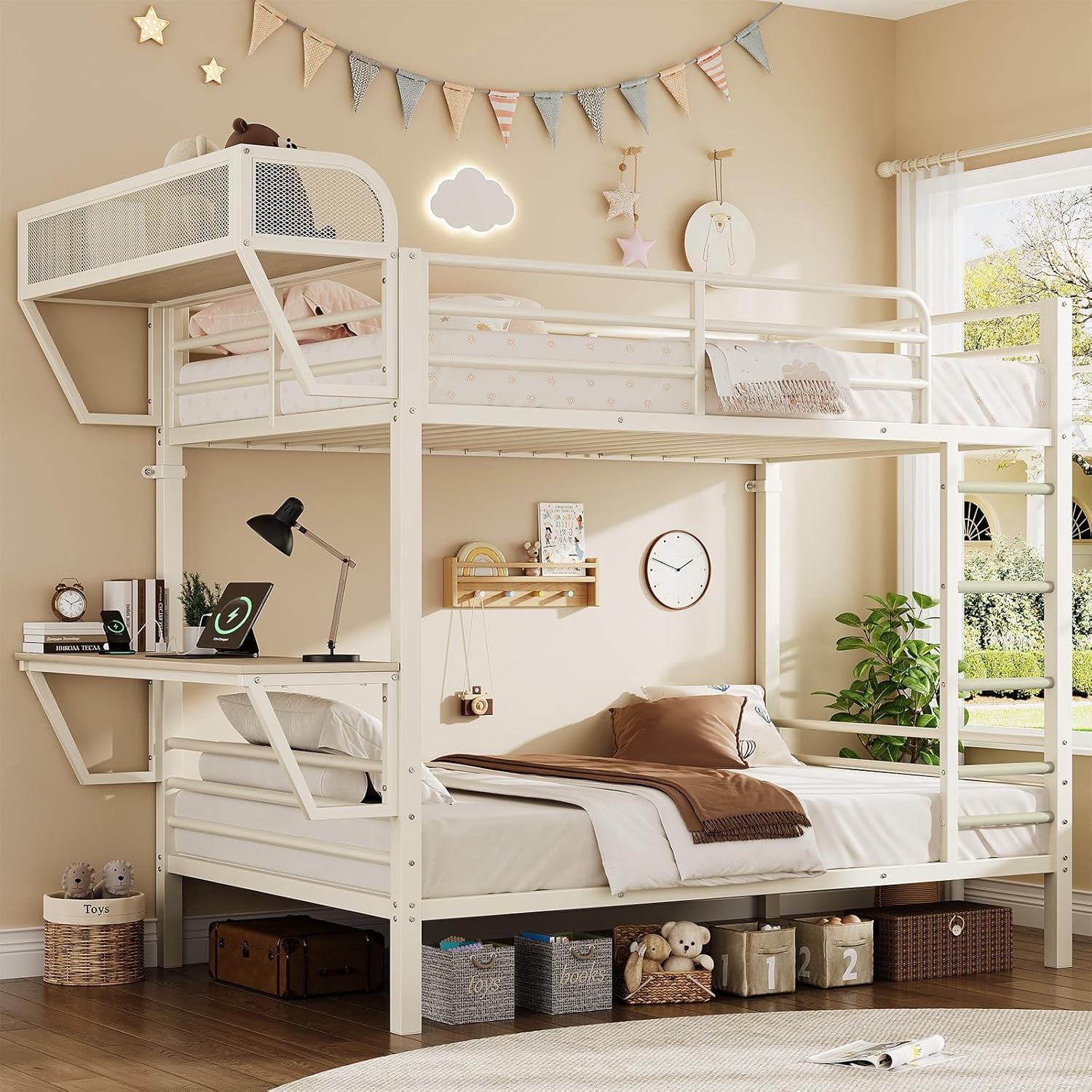 Bunk Bed Twin Over Twin, Metal Bunk Beds with Power Outlets & Desk ...