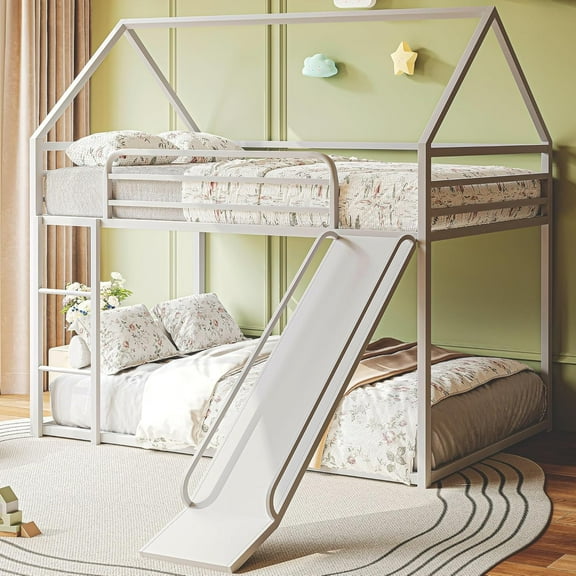 Bunk Bed Twin Over Twin, Metal Twin Size House Bed with Ladder & Slider, Full Size House Bunk Bed Frame for Bedroom, Convertible Design, No Box Spring Needed, White