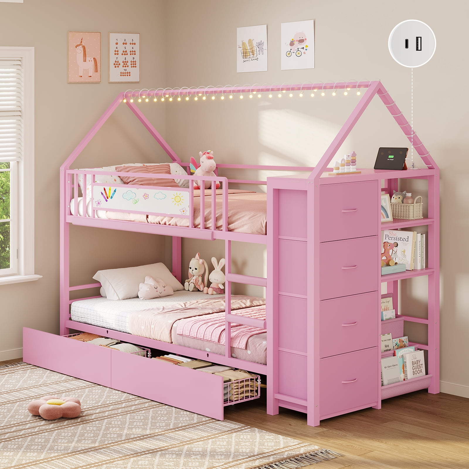 Bunk Bed Twin Over Twin Size with 6 Storage Drawers and Globe String