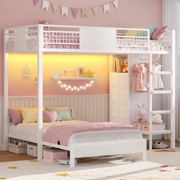 Bunk Bed Twin Over Twin Size with 8 Storage Drawers, Twin Bunk Beds with Led Lights & Storage Shelves, Metal Loft Bed with 13.4" H Guardrail & Ladder,White