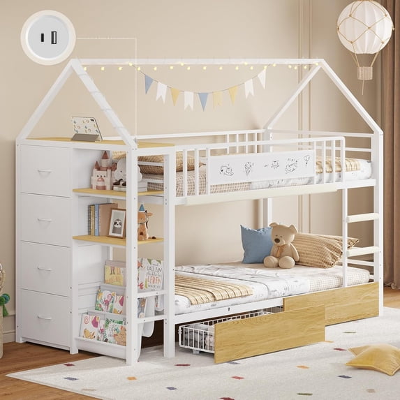 Bunk Bed Twin Over Twin Size Loft Bed with Globe String Lights and 6 Storage Drawers Low Metal Bunk Beds with Charging Stations & Montessori Bookshelf, Safety Guardrail and Ladder, White