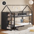 thumbnail image 1 of Bunk Bed Twin Over Twin Size Loft Bed with Globe String Lights and 6 Storage Drawers Low Metal Bunk Beds with Charging Stations & Montessori Bookshelf, Safety Guardrail and Ladder, Black, 1 of 10