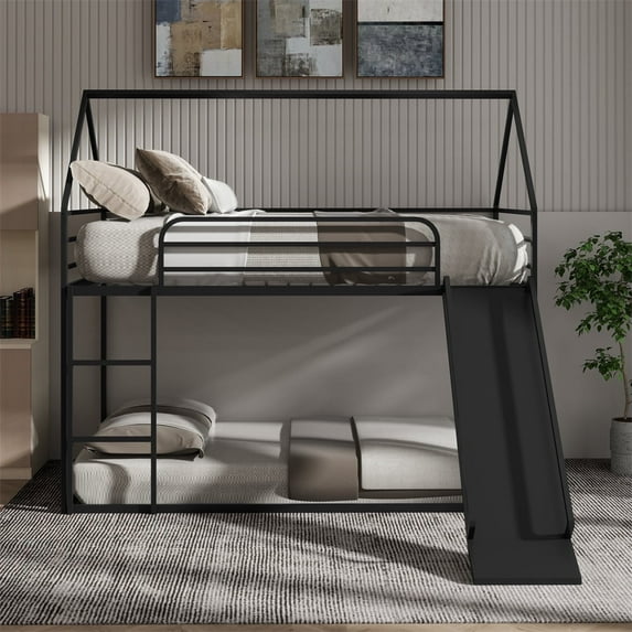 Bunk Bed Twin Over Twin, Steel Twin over Twin House Bed with Ladder and Slider, Heavy Duty Bed for Adults, Space-Saving, No Box Spring Needed, Black