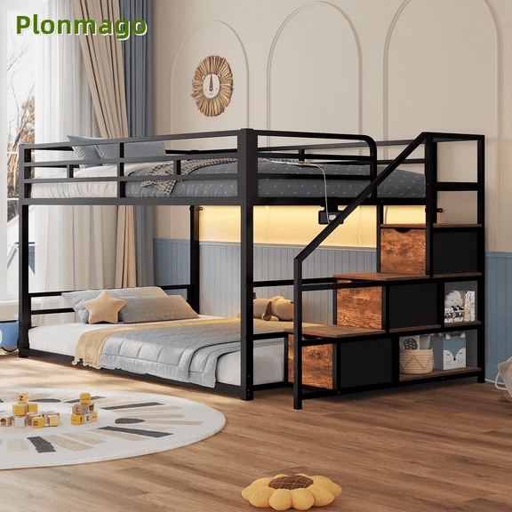 Plonmago Bunk Bed Twin Over Twin with Storage Staircase, Drawers & Shelves, RGB LED Lights,Low Loft Bed with Power Outlet, Full-Length Guardrail & Metal Slats, for Small Space, Black