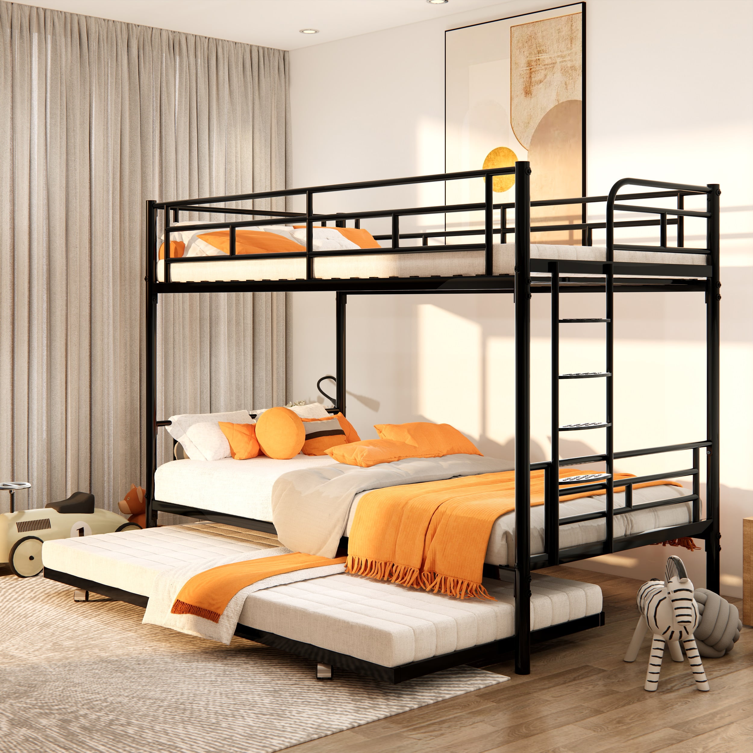 Triple Bunk Bed Twin over Twin with Trundle Metal Bunk Bed for Kids,Adults,Heavy Duty Bunk Bed with Full-Length Guardrail,Comfortable Step,Easy to Assemble,for 3