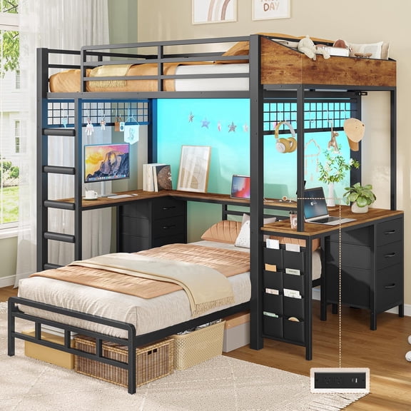 Bunk Bed Twin Over Twin with U-Shape Desk & 6 Drawers, Metal Loft Bed with LED Lights, Charging Station, Upper Storage, Safety Guardrail, Ladder, Black & Brown