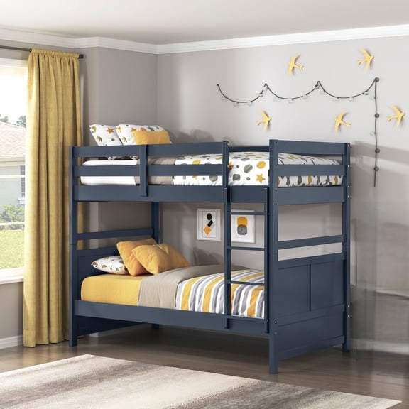 Bunk Bed, Twin Over Twin Wood Frame with Guard Rails and Secure Ladder, Box Spring Not Required, Navy Blue Finish, 79.5" x 44" x 66.5"H, Contemporary Bedroom Furniture, 300lbs Capacity