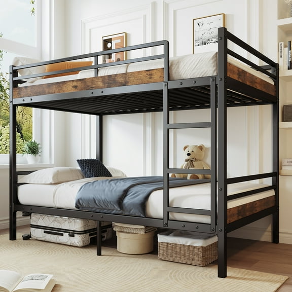 Bunk Bed Twin With Ladder, Space Saving Design, Bunk Beds Twin Over Twin,Black Metal Frame & Laminate Wood Finish, 500 Lbs Capacity