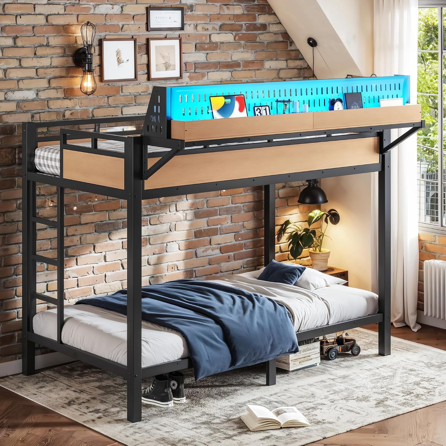 Bunk Bed Twin XL Over Twin XL Size, Metal Bunk Bed Frame with LED Lights, USB, Outlet, Storage Shelf, Ladder and Guardrail, No Box Spring Needed for Dorms, Apartments, Small Spaces, Natural