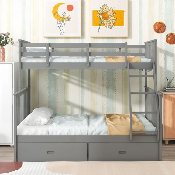 Twin Size Wooden High-Rise Bed with Storage Drawers and Safety Rails Gray
