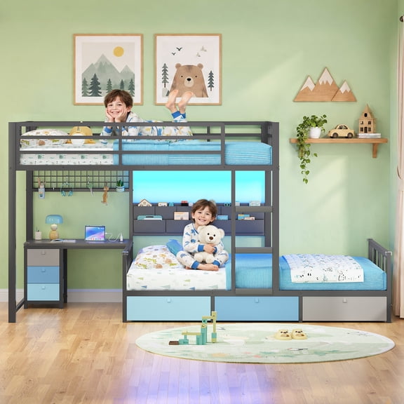 Bunk Bed Twin over Twin with Desk, 6 Storage Drawers & Charging Station, Metal Bunk Bed with RGB Lights, Guardrail & 10-Pocket Organizer, Grey