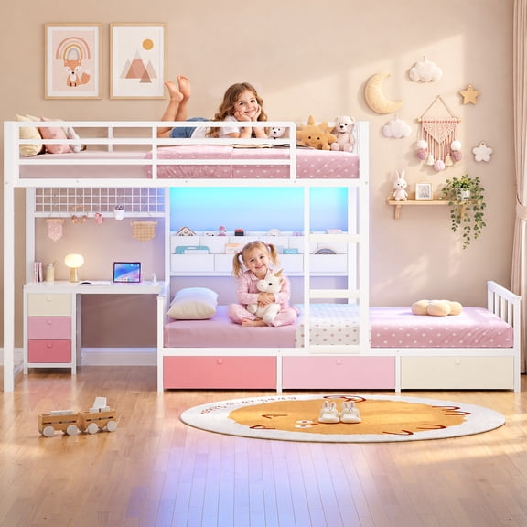 Bunk Bed Twin over Twin with Desk, 6 Storage Drawers & Charging Station, Metal Bunk Bed with RGB Lights, Guardrail & 10-Pocket Organizer, White Pink