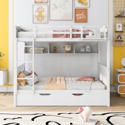 Bunk Bed with Twin size Trundle, Solid Wood Bunk Bed with Guardrails and Ladder, Convertible to 3 Beds, Fit for Kids, Teens, No Box Spring Needed with Bookshelf for Bedroom (White,Full Over Full)