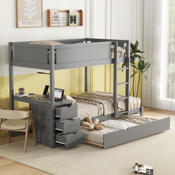 Bunk Bed with Twin size Trundle, Storage and Desk for Boys/Girls/Teens Bedroom, Low Wood Bed Frame with Safety Guardrail, No Box Spring Needed with Trundle