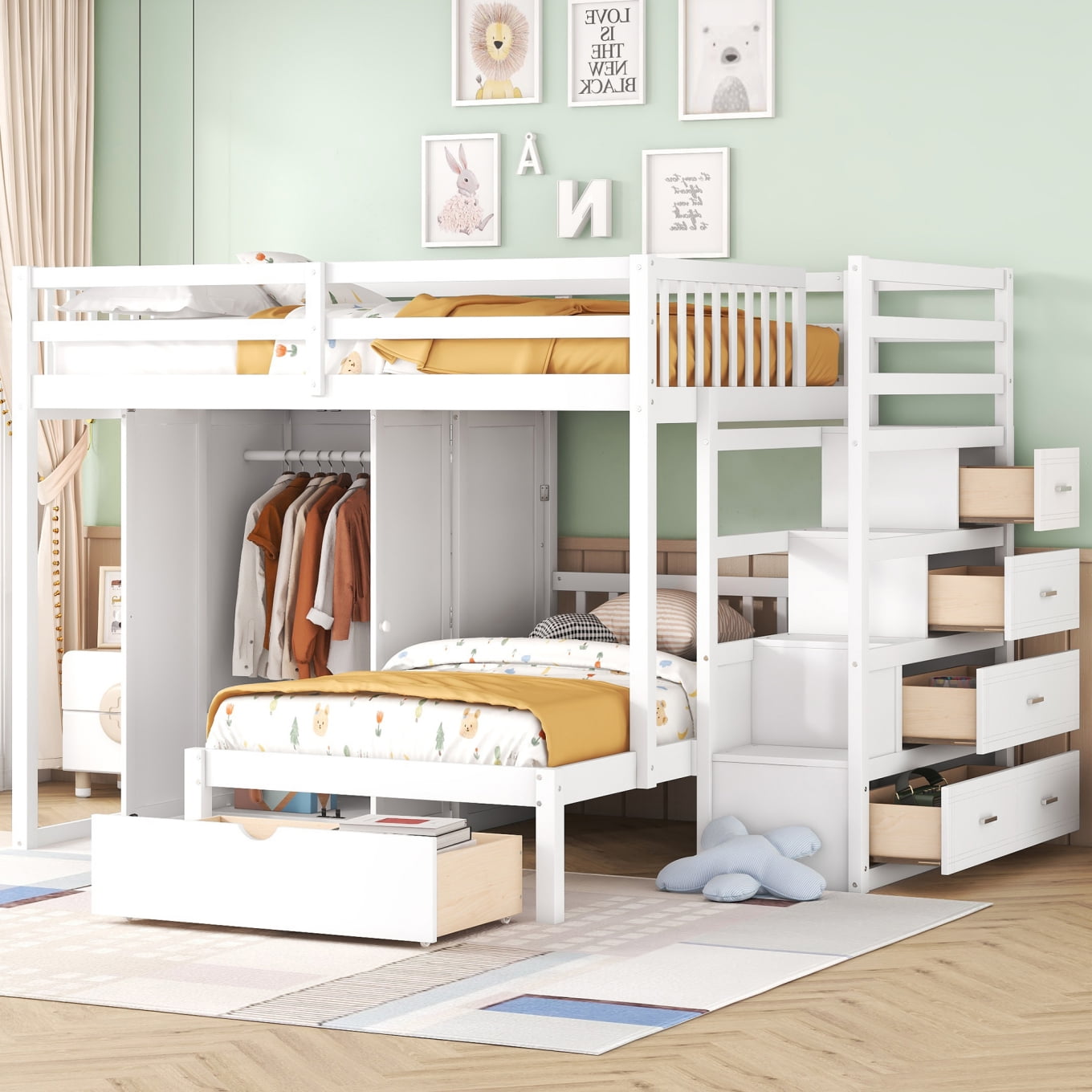 Bunk Bed with Wardrobe Full Over Twin Size, Wooden Bunk Bed Frame with  Storage Drawers and Staircase, Modern Loft Bed for Kids Teens Adults, Space  Saving, White - Walmart.com, image size:1360x1360