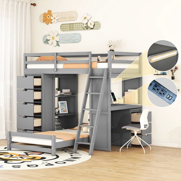 Bunk Bed With Led & , Twin Over Twin, Gray - Safe And Stylish In Maximize Your Storage Shelves