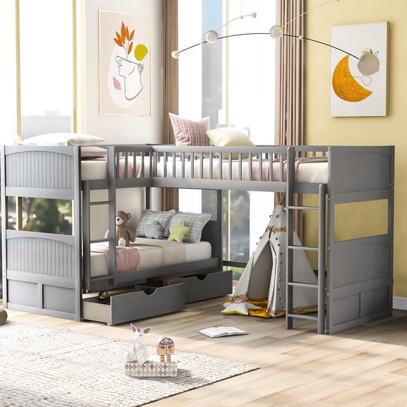 Bunk Bed With Loft And Two Drawers In Gray - & Functional Furniture Twin Storage Facilities Practical Bedroom