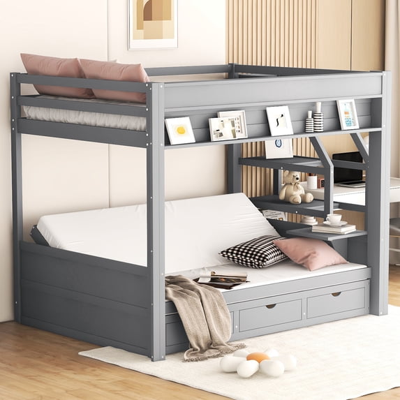 Bunk Bed With Storage, Convertible Design, Gray Staircase & 3 Drawers ...