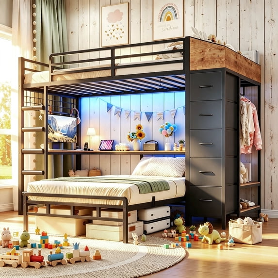 Bunk Bed with 75.6'' L-shaped Desk & Storage Hall Tree Twin Over Twin Gaming LED Loft Bed with Charger and work place Black