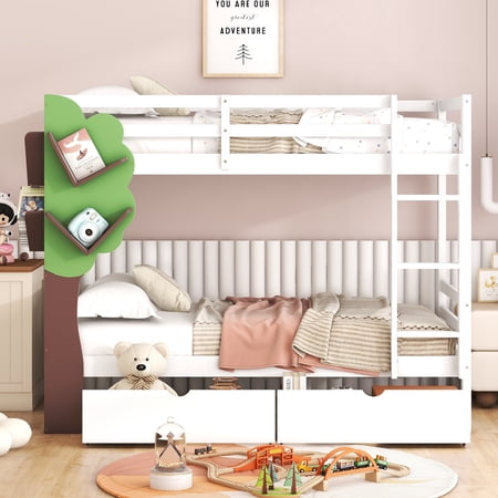 Bunk Bed with Built-in Ladder, Bunk Bed Twin Over Twin, Wood Bunk Beds with a Tree Decor and Two Storage Drawers, Bed with Guardrail and Ladder
