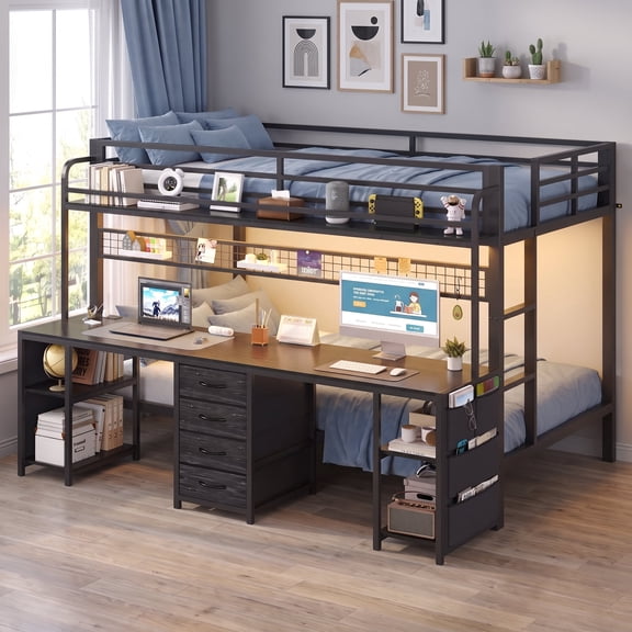 JUYG Twin Metal Loft Bed with Charging Station and LED, Black - Walmart.com
