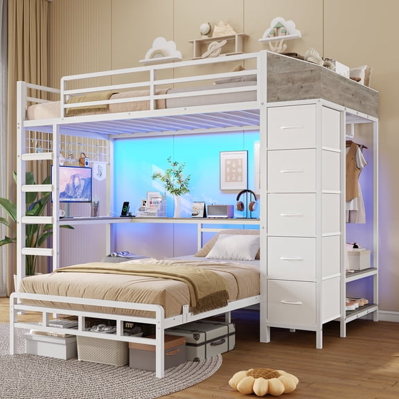 Bunk Bed with 75.6'' L-shaped Desk & Storage Hall Tree Twin Over Twin Gaming LED Loft Bed with Charger and work place White