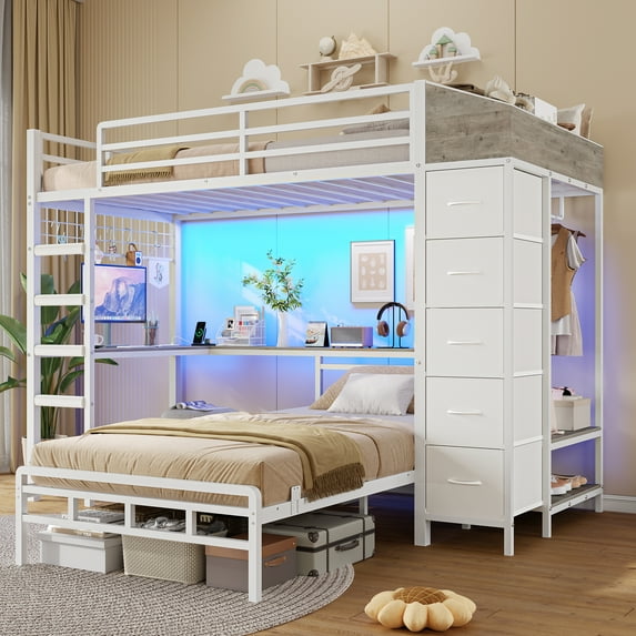 White Twin Over Twin Bunk Bed with Hall Tree, LED Gaming Bed with Storage & L-Shaped Desk underneath,Bed for Teens and Adults Small Bedroom Furniture