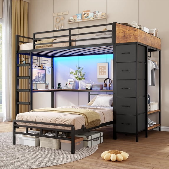 Twin Over Twin Bunk Bed with Hall Tree, LED Gaming Bed with Storage & L-Shaped Desk underneath, Black Bed for Teens and Adults Small Bedroom Furniture