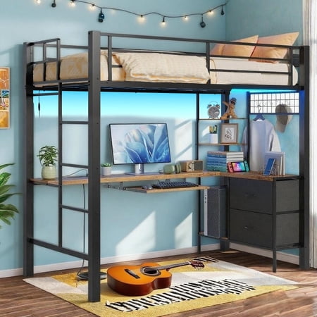 Lofka Loft Bed with Desk - L-Shape Twin Size Bunk Bed with Ladder, Guardrail & LED Lights, Space Saving Furniture for Small Bedroom,Dorm