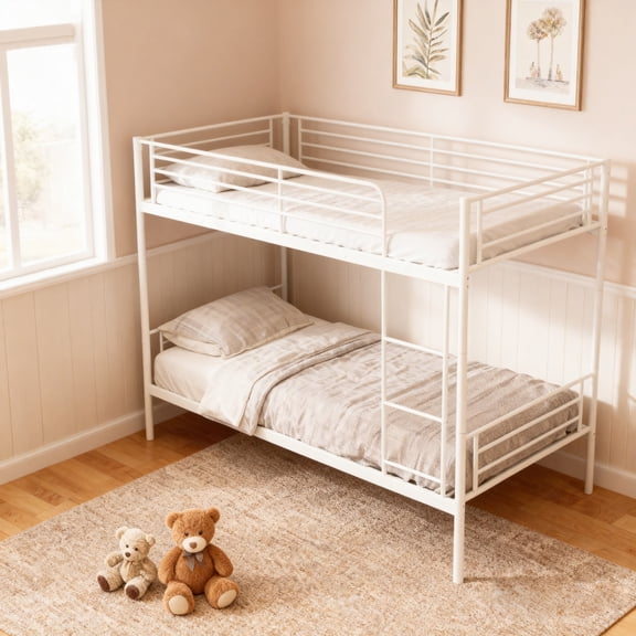 Bunk Bed with Ladder and high Guardrail, Able to Split, Metal Bunk Bed, Storage Space, Noise Free,Twin Over Twin Size,White