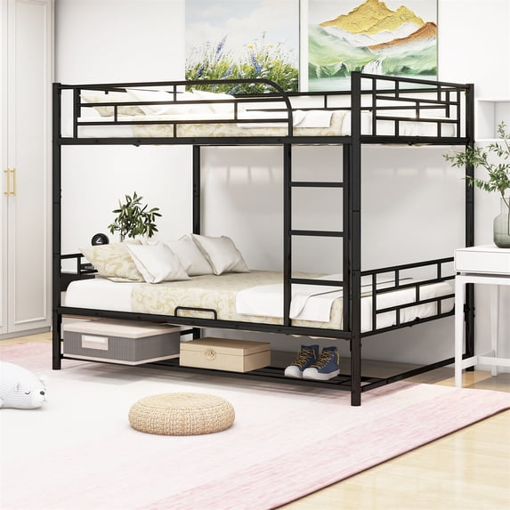 Bunk Bed with Shelf Underneath ,Steel Bunk Bed with Guardrails Can be Converted into 2 Platform Beds, Full Over Full Bunk Bed with Ladder for Bedroom