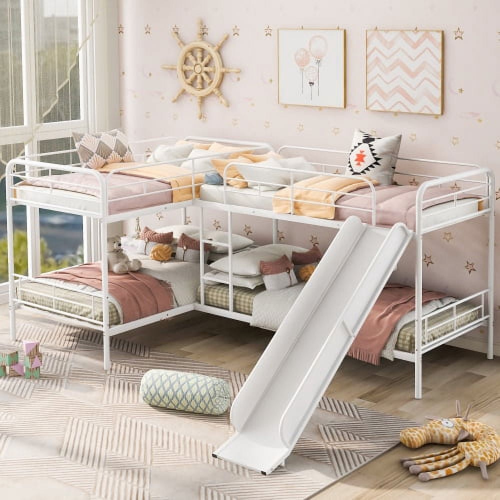 Bunk Bed with Slide, Metal Quad Twin Over Twin L-Shaped Bunk Bed