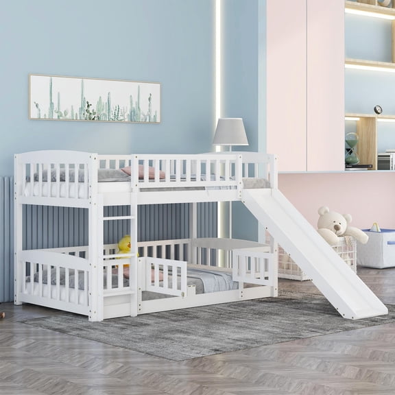 Twin over Twin Low Bunk Bed with Slide, Fence and Ladder, White