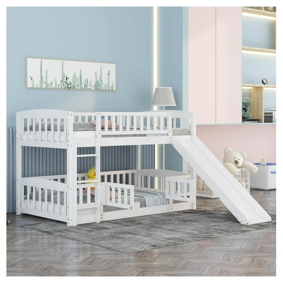 Bunk Bed with Slide, Twin-over-Twin, Low Bunk, Fence & Ladder, White