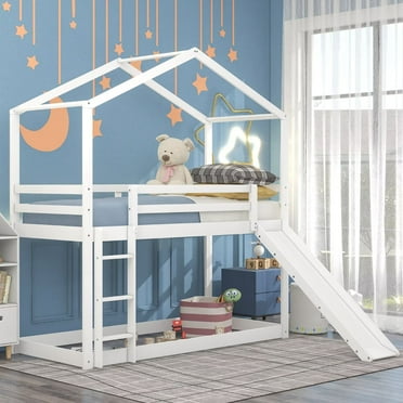 Bunk Bed with Slide Twin over Twin Size, Wooden House Bunk Bed Frame with Roof, Safety Guardrail and Built-in Ladder Floor Bed for Kids Teens, White
