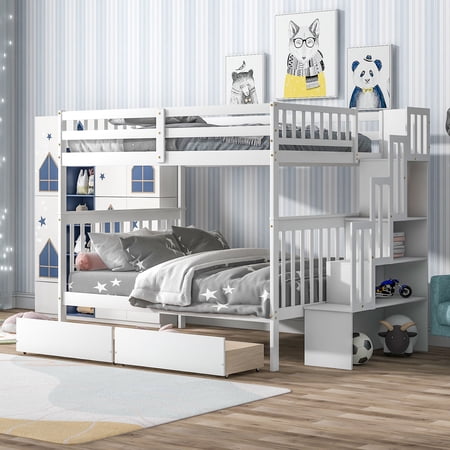 Bunk Bed with Stairs, Wooden Bunk Bed Frame with 6 Storage Drawers and Shelves, Removable Bunk Bed Without Box Spring (White)