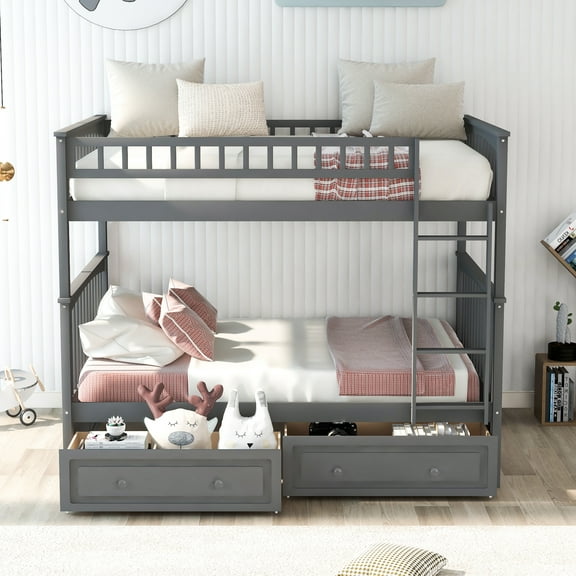 Bunk Bed with Storage Drawers, Wood Storage Bunk Bed Frame, Solid Wood bunks beds with Ladders and Two Storage Drawers