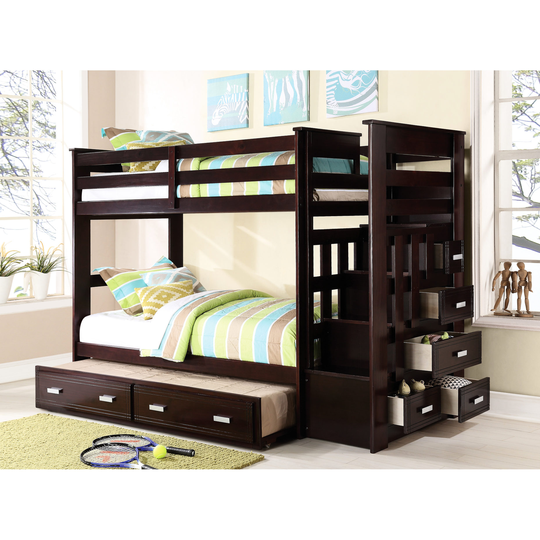 Wood Twin/Twin Bunk Bed, Espresso Finish, Trundle & Ladder Storage