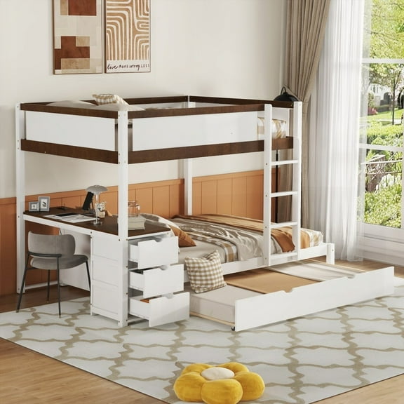 Full-Over-Full Bunk Bed with Twin Mattress Size, Plywood+Pinewood Frame, Storage, Desk, White+Walnut for Bedroom