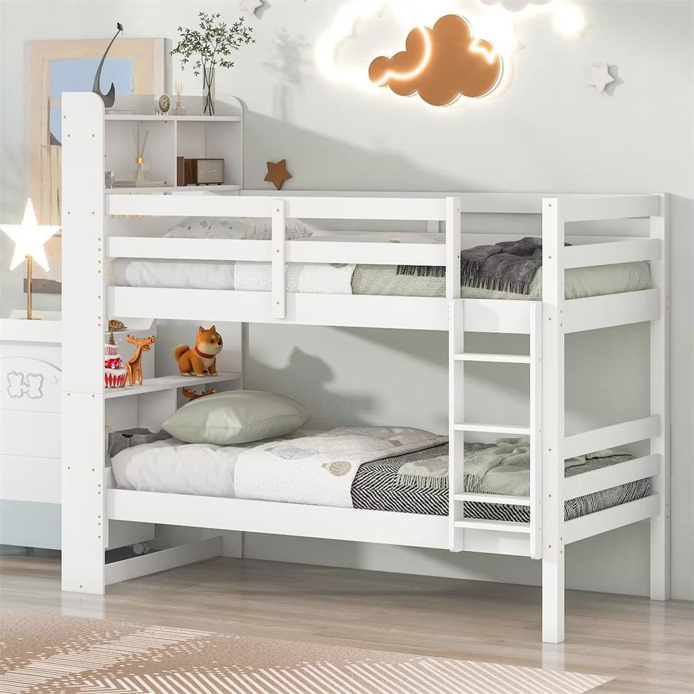 Bunk Beds with Bookcase Headboard, Twin over Twin Wood Bunk Bed with