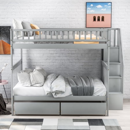 Bunk Beds Full Over Full with 2 Drawers Solid Wood Full Bunk Beds with Drawers and Stairway Full Length Guardrail, No Box Spring Needed