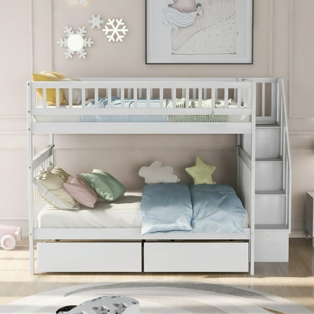 Bunk Beds Full Over Full with 2 Drawers Solid Wood Full Bunk Beds with Drawers and Stairway Full Length Guardrail, No Box Spring Needed