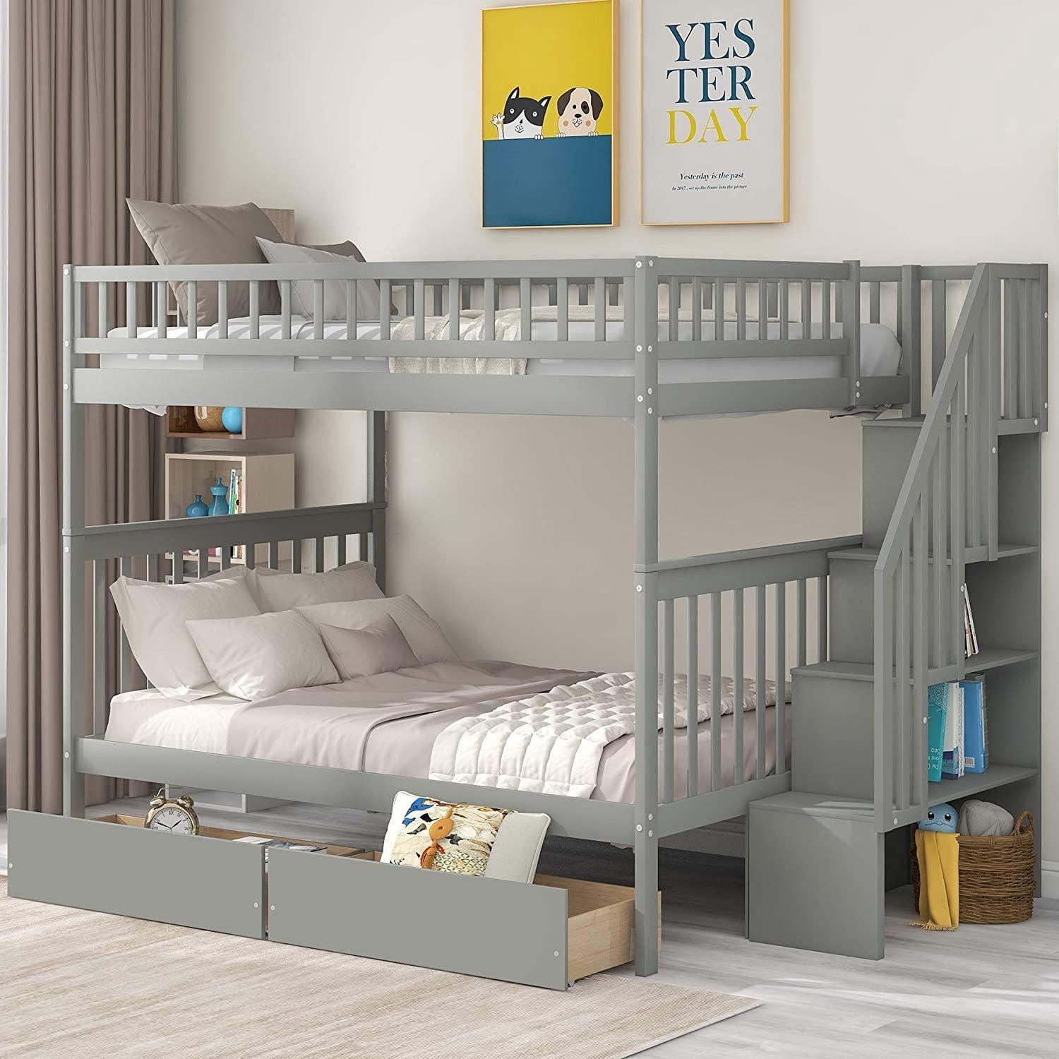 Bunk Beds Full Over Full Size, Solid Wood Full Bunk Beds with Drawers