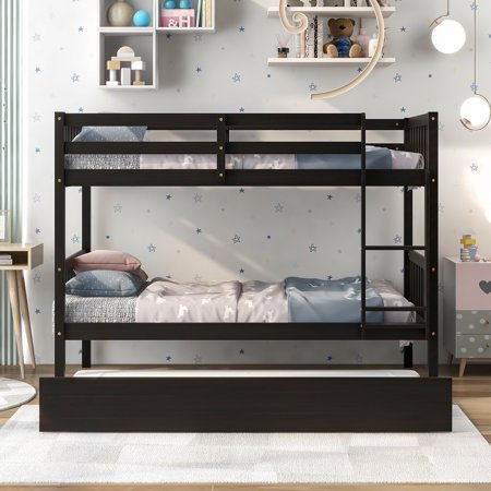BTMWAY Twin Over Twin Bunk Bed with Twin Size Trundle, Solid Wood Bunk Bed Frame with Safety Rail and Ladder, Can Be Converted Into 2 Platform Beds, Bunk Bed for Kids Teens Adults, Espresso