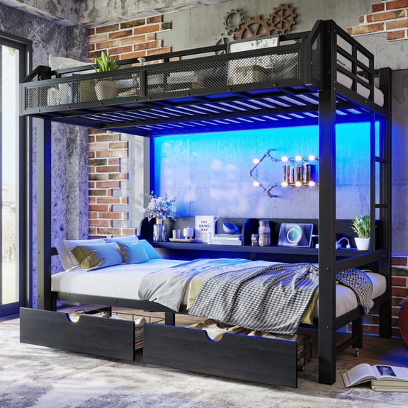 Bunk Beds Metal Twin Over Twin Convertible Sofa Base with Storage, USB & LED Lights, Black, Black